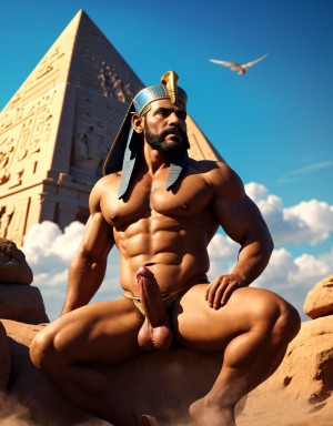 Faraón Ramsés 2 desnudo y viril. Tiene pene grande. Tiene testículos prominentes y velludos. Tiene mucho vello corporal y abundante. Tiene sandalias negras. Tienen barba perfecta. Está flotando en las nubes blancas en el cielo azul. Lleva sandalia y sombrero.