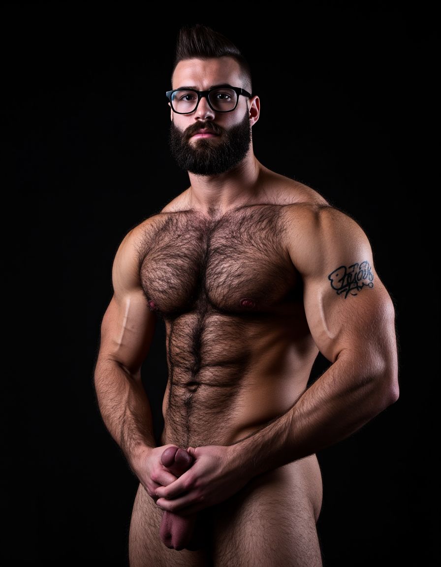 Fotografía hiperrealista de un hombre adulto musculoso a la vista desde los pies hasta la cabeza, tiene cuerpo muy delgado con músculos marcados y definidos, rostro masculino, está totalmente desnudo con polla erecta de treinta centímetros de longitud y ocho centímetros de diámetro, tiene rasgos marcados duros expresivos, barba densa poblada tupida oscura estilo hipster cubriendo completamente mandíbula mentón mejillas con grosor uniforme textura abundante muy definida, bigote denso tupido oscuro conectado perfectamente con la barba completa cubriendo completamente el labio superior, pelo oscuro medio peinado completamente recto hacia arriba con volumen considerable estilo hipster moderno quiff puntas verticales texturizadas hacia el cielo con altura prominente, cejas gruesas oscuras pobladas muy marcadas definidas, gafas de montura completa negra cuadradas grandes estilo hipster moderno sobre el puente de la nariz enmarcando unos ojos oscuros intensos que miran directamente a cámara con expresión seria penetrante confiada, expresión facial seria masculina sin sonrisa con mirada directa desafiante, pómulos marcados definidos angulares, nariz recta proporcionada, labios medios apenas visibles completamente cubiertos por bigote denso que conecta con la barba hipster completa, torso desnudo muy musculoso con pectorales enormes desarrollados y definidos, hombros anchos musculosos deltoide prominentes, brazos musculosos marcados y bien definidos con bíceps y tríceps marcados visibles a ambos lados del cuerpo, abdomen tonificado marcado visible con cintura delgada marcada, piel con textura realista detallada poros imperfecciones sutiles, vello corporal denso oscuro abundante cubriendo pectorales abdomen brazos hombros con textura natural masculina muy visible. Tiene un  tatuaje en tinta negra en el bíceps del brazo derecho en tipografía negra sans-serif de tamaño mediano y proporcionado de forma clara y legible sobre la piel del bíceps del brazo derecho con las siguientes letras: hipsterbarba. Iluminación dramática lateral direccional que crea contraste alto marcado entre luces brillantes y sombras profundas resaltando la estructura facial angular la barba hipster densa las gafas cuadradas grandes el vello corporal abundante la musculatura del torso los brazos.  Tiene un  tatuaje en tinta negra en el bíceps del brazo derecho en tipografía negra sans-serif de tamaño mediano y proporcionado de forma clara y legible sobre la piel del bíceps del brazo derecho con las siguientes letras: hipsterbarba. Fondo completamente oscuro negro liso uniforme desenfocado sin distracciones, fotografía analógica en color de alto contraste con grano fotográfico sutil visible estilo retrato hipster masculino fitness, enfoque nítido absoluto perfecto en el rostro especialmente en los ojos detrás de las gafas la barba hipster densa el bigote tupido el pelo vertical el vello corporal el torso con músculos muy marcados y muy definidos. Tiene un  tatuaje en tinta negra en el bíceps del brazo derecho en tipografía negra sans-serif de tamaño mediano y proporcionado de forma clara y legible sobre la piel del bíceps del brazo derecho con las siguientes letras: hipsterbarba. Imagen con encuadre vertical desde los pies hasta la cabeza mostrando los pies desnudos las piernas peludas el pene erecto los testículos colgando con su escroto bajo todo el torso peludo los brazos musculosos peludos y la cabeza con pelo oscuro medio peinado completamente recto hacia arriba con volumen considerable estilo hipster moderno quiff puntas verticales texturizadas hacia el cielo con altura prominente, calidad fotográfica hiperrealista 8K máxima definición detalle extremo, renderizado cinematográfico fotorrealista profesional. Tiene un  tatuaje de tinta negra en el bíceps del brazo derecho en tipografía negra sans-serif de tamaño mediano de forma clara y legible sobre la piel del bíceps del brazo derecho con las siguientes letras: hipsterbarba