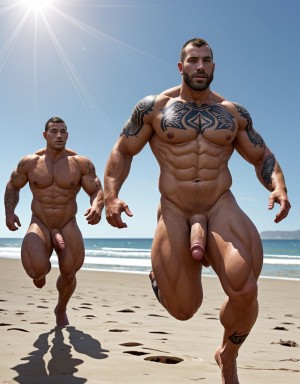 Tres soldados de caballería, desnudos musculosos y muy tatuados, de 30 años de edad, disfrutan de su día de descanso haciendo deporte en una playa del Pacífico, están corriendo en la orilla del mar, están desnudos y mostrando su grandes penes y hermosos testículos. Tienen mucho vello por todo el cuerpo. Hay mucha luz solar alumbrando todo el ambiente. Sus genitales se mueven hacia los lados chocando con sus muslos de las piernas