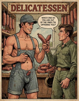 Comic estilo antiguo con colores vivos.  Es una chacuteria, aparece un hombre charcutero con un mono de tirantes y gorra, es muy musculoso y muestra sus pechos con grandes pezones.  saca su gran pene erecto  por la bragueta, tiene una salchicha en su mano que ofrece al cliente, la salchicha se asemeja a un pene. El cliente es un señor vestido de mecánico, con casco en la mano. Detrás hay baldas llenas de  salsichas con forma de gandes penes, algunas están colgadas de la pared.. Arriba hay un cartel en que pone en lentas antiguas DELICATEESSEN. El vendedor muestra un bocadillo o globo de texto en que dice: 