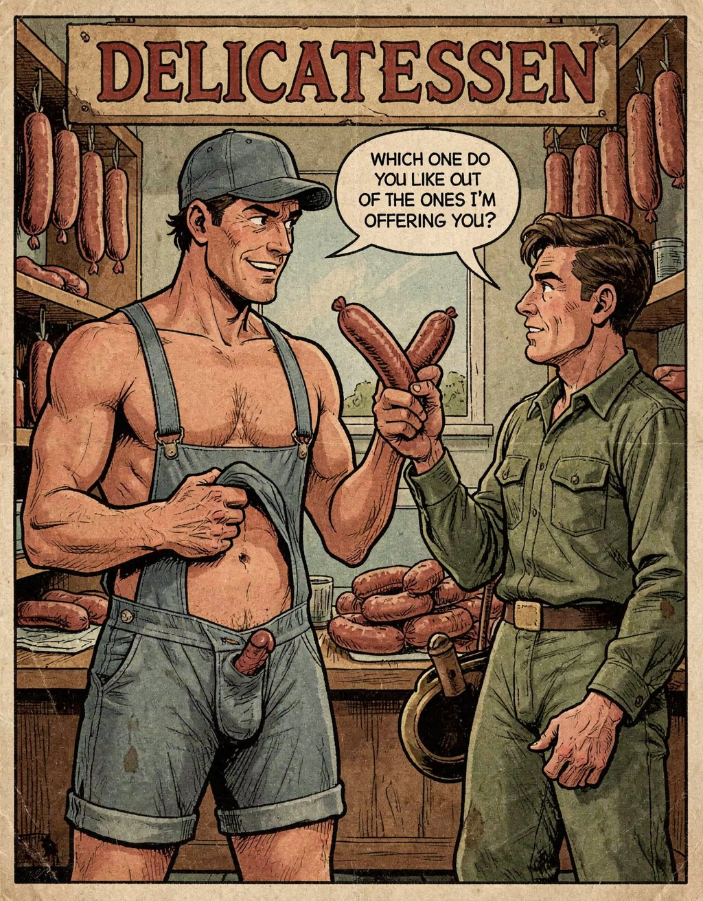 Comic estilo antiguo con colores vivos.  Es una chacuteria, aparece un hombre charcutero con un mono de tirantes y gorra, es muy musculoso y muestra sus pechos con grandes pezones.  saca su gran pene erecto  por la bragueta, tiene una salchicha en su mano que ofrece al cliente, la salchicha se asemeja a un pene. El cliente es un señor vestido de mecánico, con casco en la mano. Detrás hay baldas llenas de  salsichas con forma de gandes penes, algunas están colgadas de la pared.. Arriba hay un cartel en que pone en lentas antiguas DELICATEESSEN. El vendedor muestra un bocadillo o globo de texto en que dice: 