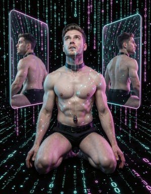 A muscular, semi-nude man appears kneeling in a futuristic digital environment, wearing black underwear, a wide collar around his neck, and a thin chain across his chest, while turquoise and magenta lights run over his torso like reflections of data or circuits. His expression looks upward with an intense gaze, framed by a rain of binary numbers falling over a black Matrix-style background. On both sides there are two vertical panels or mirrors with glowing edges that reflect his profile and his back, reinforcing a cyberpunk, technological, and sensual aesthetic. The floor is also covered with glowing codes, creating an atmosphere of virtual reality, neon, and an athletic male body.