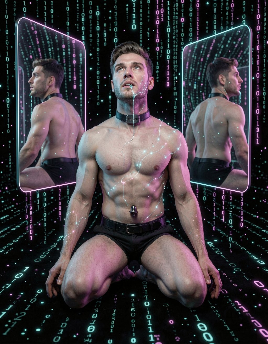 Un hombre musculoso y semidesnudo aparece arrodillado en un entorno digital futurista, con calzoncillos negros, collar ancho en el cuello y una cadena fina sobre el pecho, mientras luces turquesas y magentas recorren su torso como reflejos de datos o circuitos. Su expresión mira hacia arriba con gesto intenso, enmarcado por una lluvia de números binarios que cae sobre un fondo negro estilo Matrix. A ambos lados hay dos paneles o espejos verticales con bordes luminosos que reflejan su perfil y su espalda, reforzando una estética cyberpunk, tecnológica y sensual. El suelo también está cubierto de códigos brillantes, creando una atmósfera de realidad virtual, neón y cuerpo masculino atlético.