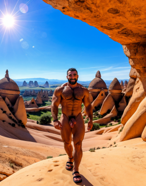 Turco desnudo. Tiene pene grande y largo. Tiene sandalias. Tiene 30 años de edad. Tiene vello y es atlético. Está paseando por Capadocia acompañado de amigos desnudos y bellos.