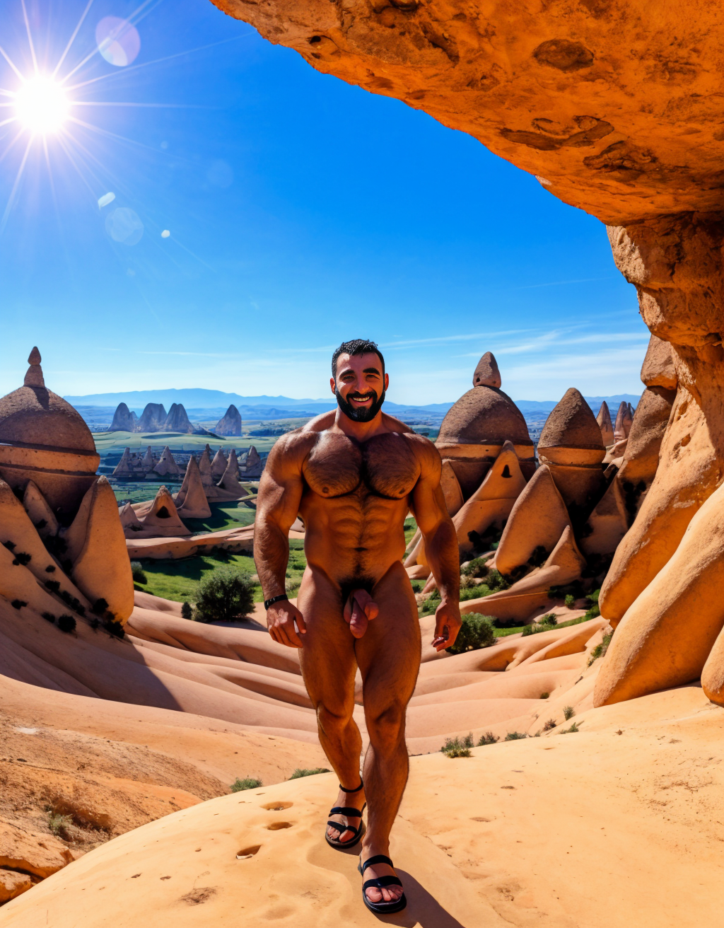 Turco desnudo. Tiene pene grande y largo. Tiene sandalias. Tiene 30 años de edad. Tiene vello y es atlético. Está paseando por Capadocia acompañado de amigos desnudos y bellos.