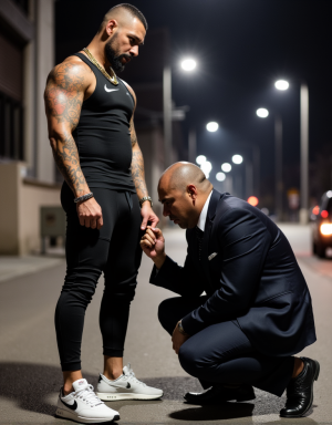 hombre de 23 años, cuerpo atlético, rasgos duros y actitud desafiante, chandal deportivo ajustado, rapado, barba de dos días, zapatos Nike llamativos, tatuajes visibles en los antebrazos y el cuello, cadena gruesa de oro, calle de ciudad de fondo, de pie con postura dominante, expresión chulesca, un hombre mayor de traje ejecutivo y zapatos, arrodillado a sus pies, mirada de sumisión, frente tocando las zapatillas Nike del joven, diferencia clara de estatus y poder, iluminación urbana nocturna, contraste fuerte de vestimenta y actitud, detalle en los rostros y gestos, composición vertical impactante.