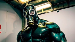 Un hombre de musculatura definida, con el pene visible, lleva una máscara de gas que le da un aire enigmático y provocativo. Se encuentra en un entorno industrial, con luces tenues que iluminan su figura, resaltando los contornos de su cuerpo. La atmósfera es intensa y cargada de deseo, sugiriendo una mezcla de peligro y seducción.