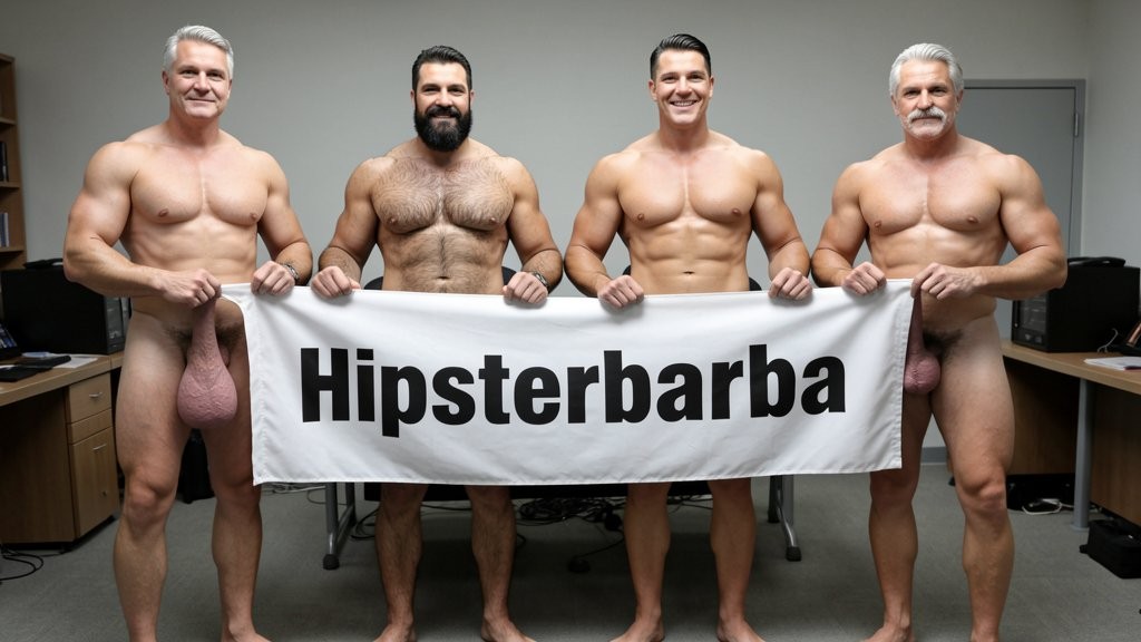 Four naked muscular men holding banner text (Hipsterbarba amor) ultra high quality 8K photorealistic: El Comandante Spanish military leader 45 years short gray hair stern commanding face muscular trained body 185cm 85kg standing far left holding left edge of banner with both hands completely naked massive erect uncircumcised penis 25cm thick veiny shaft visible below banner heavy balls alpha dominant stance, Soldado Bartolo Spanish soldier 35 years thick dark full beard short hair very hairy muscular chest arms legs groin 180cm 80kg standing center-left holding banner completely naked large erect uncircumcised penis 18cm thick visible hairy balls masculine hairy build playful smirk, Superman alien superhero 195cm 100kg perfect bronzed smooth hairless skin short black hair with characteristic curl bright blue eyes massive superhuman muscles standing center-right holding banner completely naked enormous erect penis 23cm steel hard thick shaft visible smooth heavy balls god-like physique confident smile, General Rodolfo Castaños 60 years short gray military hair thick gray mustache experienced muscular body 175cm 75kg standing far right holding right edge of banner completely naked thick erect penis 20cm visible mature heavy balls military bearing knowing expression, all four men standing in horizontal row full body visible head to feet holding between them large white fabric banner at chest level with bold black letters spelling Hipsterbarba ¿follamos? question mark clearly readable professional typography banner stretched tight all four erect penises balls completely visible below banner military office background professional studio lighting 8K photorealistic resolution masterpiece quality inviting expressions.