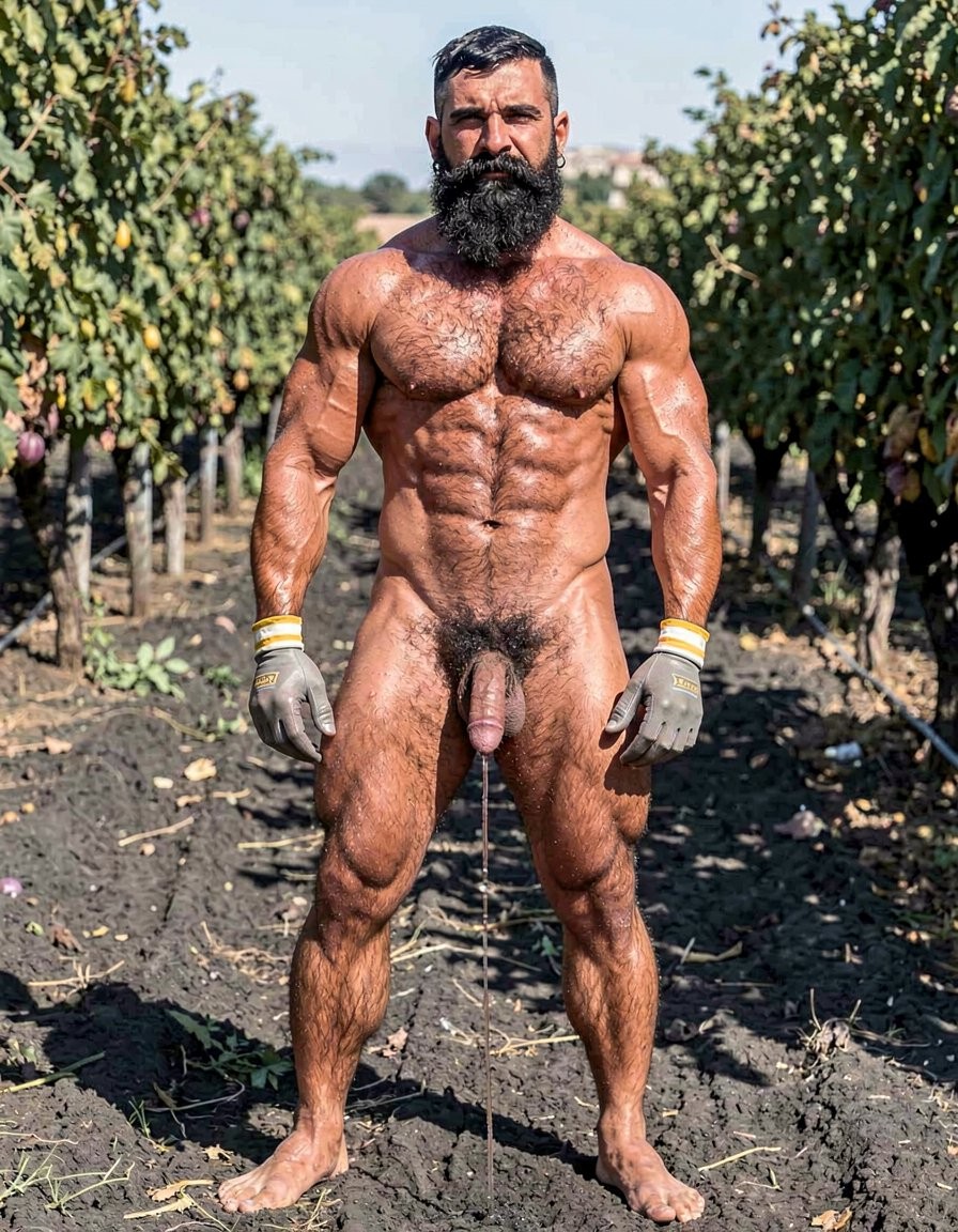 A hyper-realistic full-body vertical photograph taken in harsh midday Santorini sunlight over black volcanic soil between rows of Assyrtiko vines. Dimitris, 32, stands completely naked except for grey work gloves with yellow and white stripes, feet planted wide apart on the dark earth, toes gripping the soil. Shot from a low frontal angle so every inch from his big dirty feet to the top of his head is visible without cropping. His body is at 5% body fat, extremely muscular competition physique: huge veiny traps and shoulders, massive hairy pecs, eight-pack abs partially covered by dense black curly body hair that runs from his neck all the way down to his toes. Extremely thick black pubic bush, massive thick veiny Greek cock rock-hard and pointing upward almost touching his abs, swollen purple glans shiny with precum, a long clear drop hanging from the slit. Heavy low-hanging hairy balls. Thick black hair covers his powerful thighs, calves and feet. His face is pure predator: long thick connected black beard and mustache, short jet-black hair with shaved sides, dark intense eyes looking straight at the viewer, small silver earring in left ear. Skin deeply tanned and covered in sweat that makes the dense body hair glisten. Every muscle, every strand of wet black hair, every vein is razor sharp under the direct Mediterranean sun. Maximum photorealistic detail, vertical composition showing the entire body head to toe with no cropping.