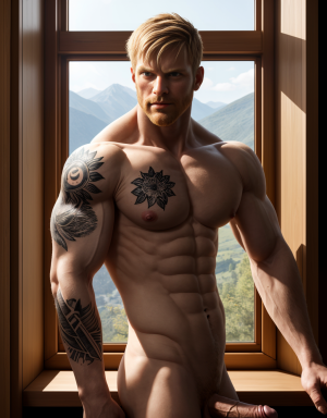 Un hombre ario de 30 años atlético y musculoso, de complexión robusta y piel clara, posa totalmente desnudo con el pene de 18 cm visible, en el interior de una habitación de madera iluminada por la luz natural que entra a través de una gran ventana. Tiene el cabello corto, rubio oscuro o pelirrojo claro, y lleva una expresión intensa y segura. Su cuerpo está bien definido, con abdominales marcados, brazos grandes y tatuajes visibles que cubren gran parte de su brazo derecho, su pecho izquierdo y parte de su torso. El tatuaje en su brazo incluye ilustraciones artísticas como un búho, flores y diseños geométricos. Mantiene una mano apoyada en su cintura mientras apoya el otro brazo sobre el marco de la ventana. El fondo muestra un escritorio vintage de madera pintado en blanco envejecido, paredes de paneles de madera inclinados, y una vista exterior montañosa a través de las ventanas. La iluminación solar realza las texturas de su piel y los músculos, creando un contraste natural y cálido.