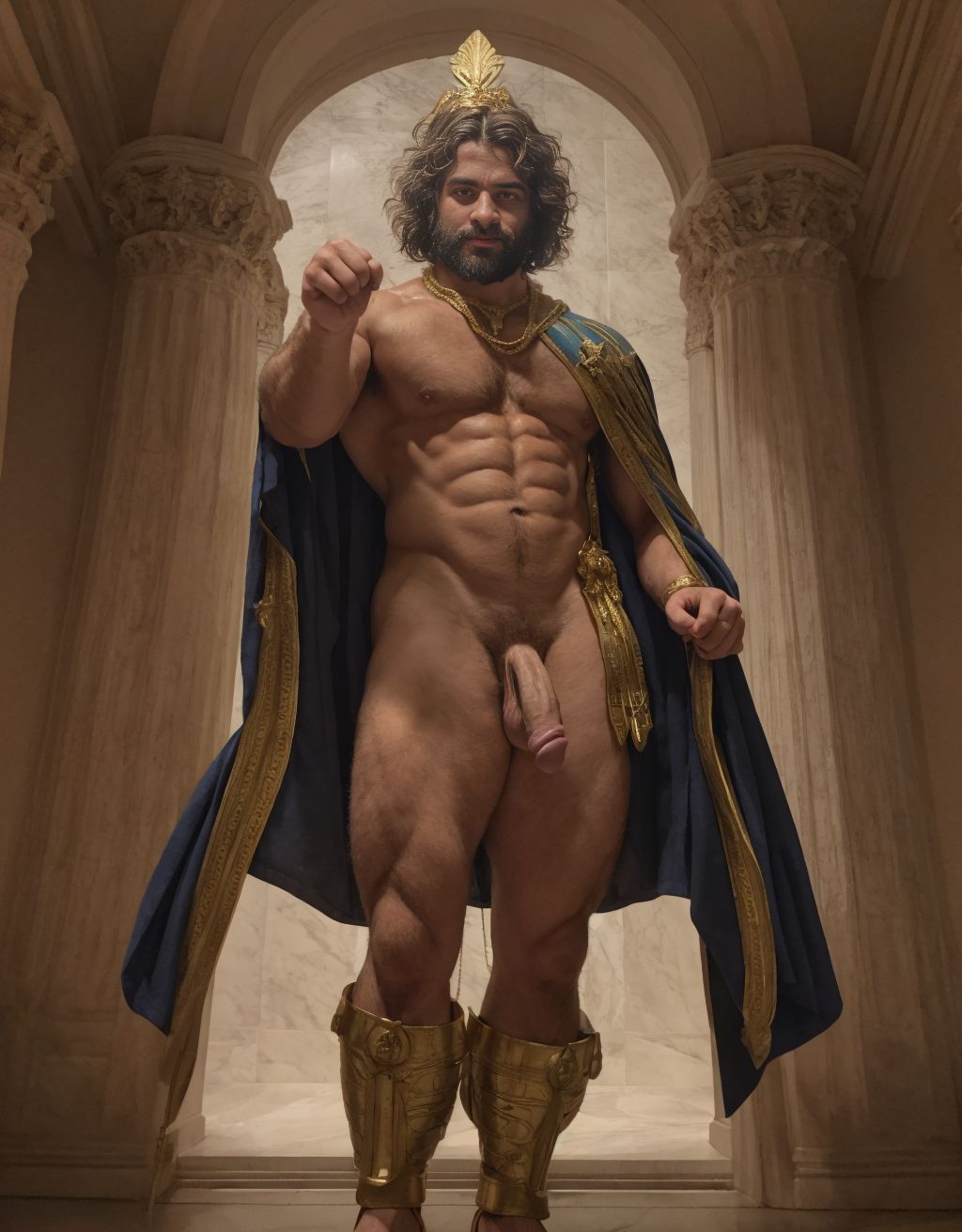 El dios Priapo de Pompeya está desnudo de pie. Es delgado y muy alto. Priapo es dios de la mitología romana. Está en el museo de Nápoles. Tiene un pene grande y erecto. Tiene mucho vello por todo el cuerpo. Tiene sandalias en los pies. Tiene músculos muy definidos. Tiene una corona de laurel. Levanta una mano para saludar al público. El cuerpo está iluminado con focos de luz blanca. Tiene los ojos verdes. Lleva una cadena brillante en los pies. Tiene mucho vello en el pecho moreno. Tiene una capa de oro sobre su espalda. Tiene la boca abierta. Tiene el dedo pulgar de la mano hacia abajo. Está de perfil. Está de lado. Señala con el dedo a su cabeza.