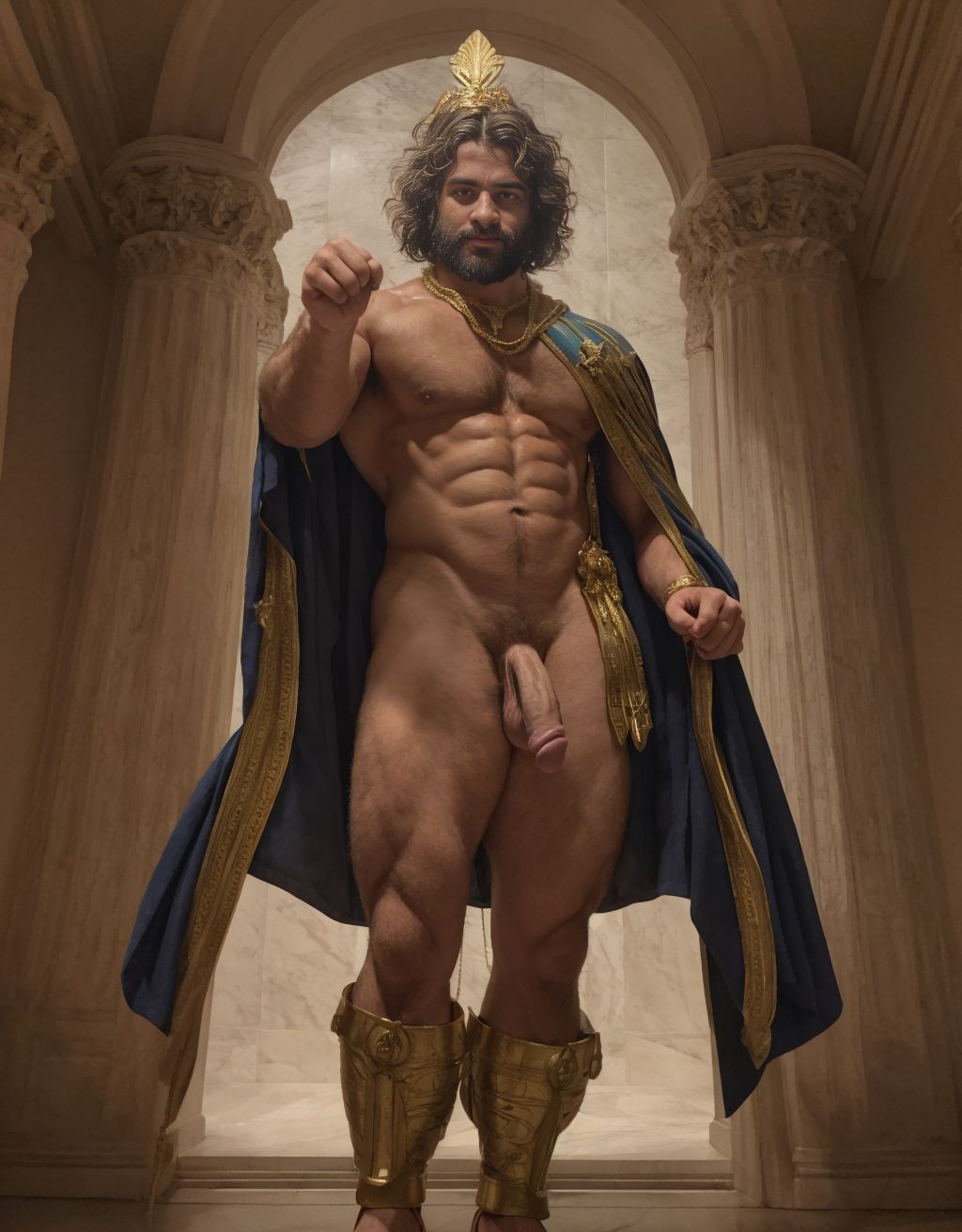 El dios Priapo de Pompeya está desnudo de pie. Es delgado y muy alto. Priapo es dios de la mitología romana. Está en el museo de Nápoles. Tiene un pene grande y erecto. Tiene mucho vello por todo el cuerpo. Tiene sandalias en los pies. Tiene músculos muy definidos. Tiene una corona de laurel. Levanta una mano para saludar al público. El cuerpo está iluminado con focos de luz blanca. Tiene los ojos verdes. Lleva una cadena brillante en los pies. Tiene mucho vello en el pecho moreno. Tiene una capa de oro sobre su espalda. Tiene la boca abierta. Tiene el dedo pulgar de la mano hacia abajo. Está de perfil. Está de lado. Señala con el dedo a su cabeza.