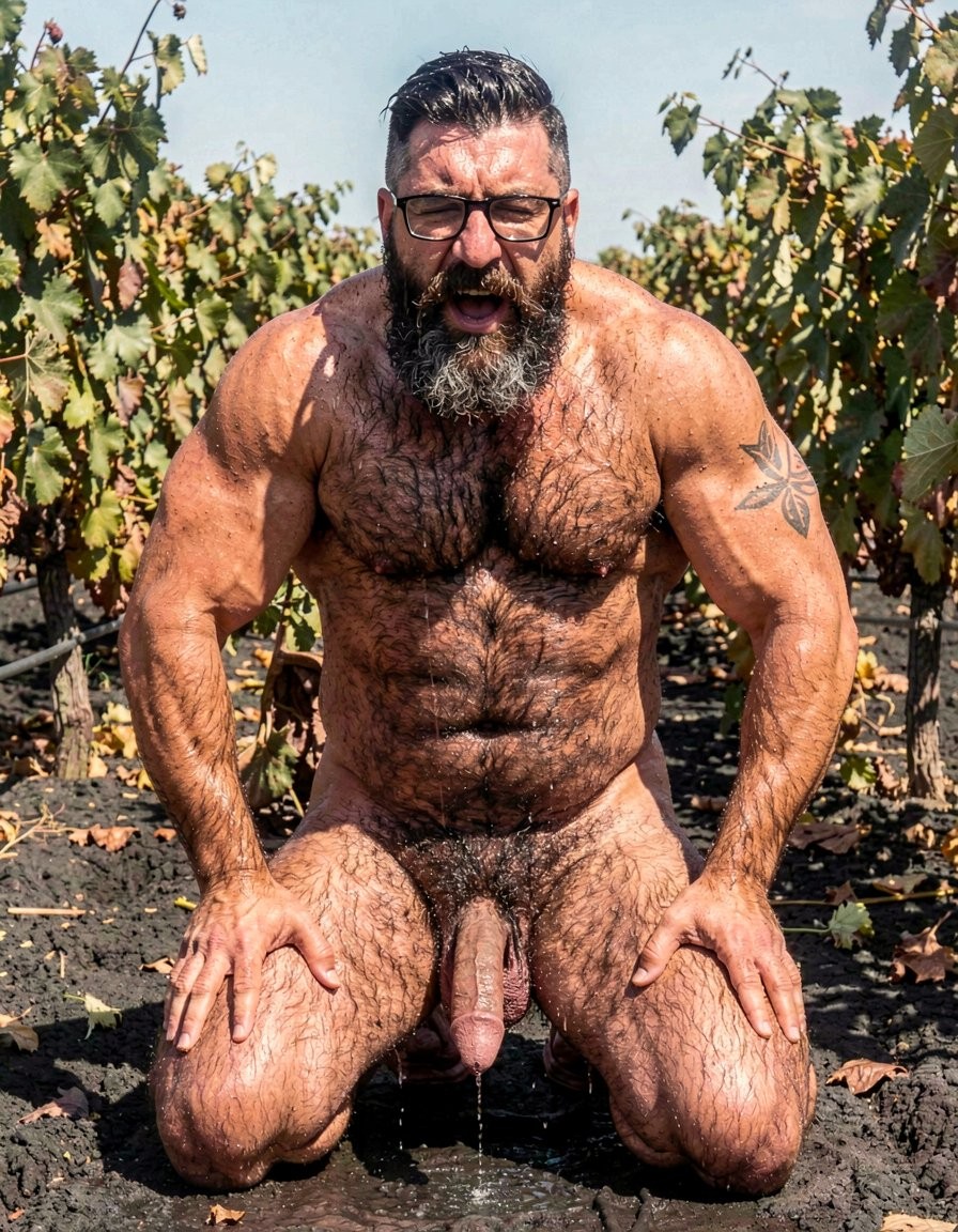 Hombre desnudo y musculoso arrodillado sobre tierra oscura en un viñedo, rodeado de hileras de vides con hojas verdes y amarillentas bajo la luz del sol. Tiene el torso muy velludo, barba espesa canosa, pelo corto peinado hacia atrás y gafas negras, con una expresión intensa mirando al frente. Sus manos descansan sobre los muslos abiertos, mostrando claramente el pene, del que cae un chorro de orina hacia el suelo mojado. Destaca un tatuaje en forma de estrella o flor geométrica en el hombro izquierdo, junto a un ambiente rural de campo, vendimia, naturaleza y desnudez explícita.