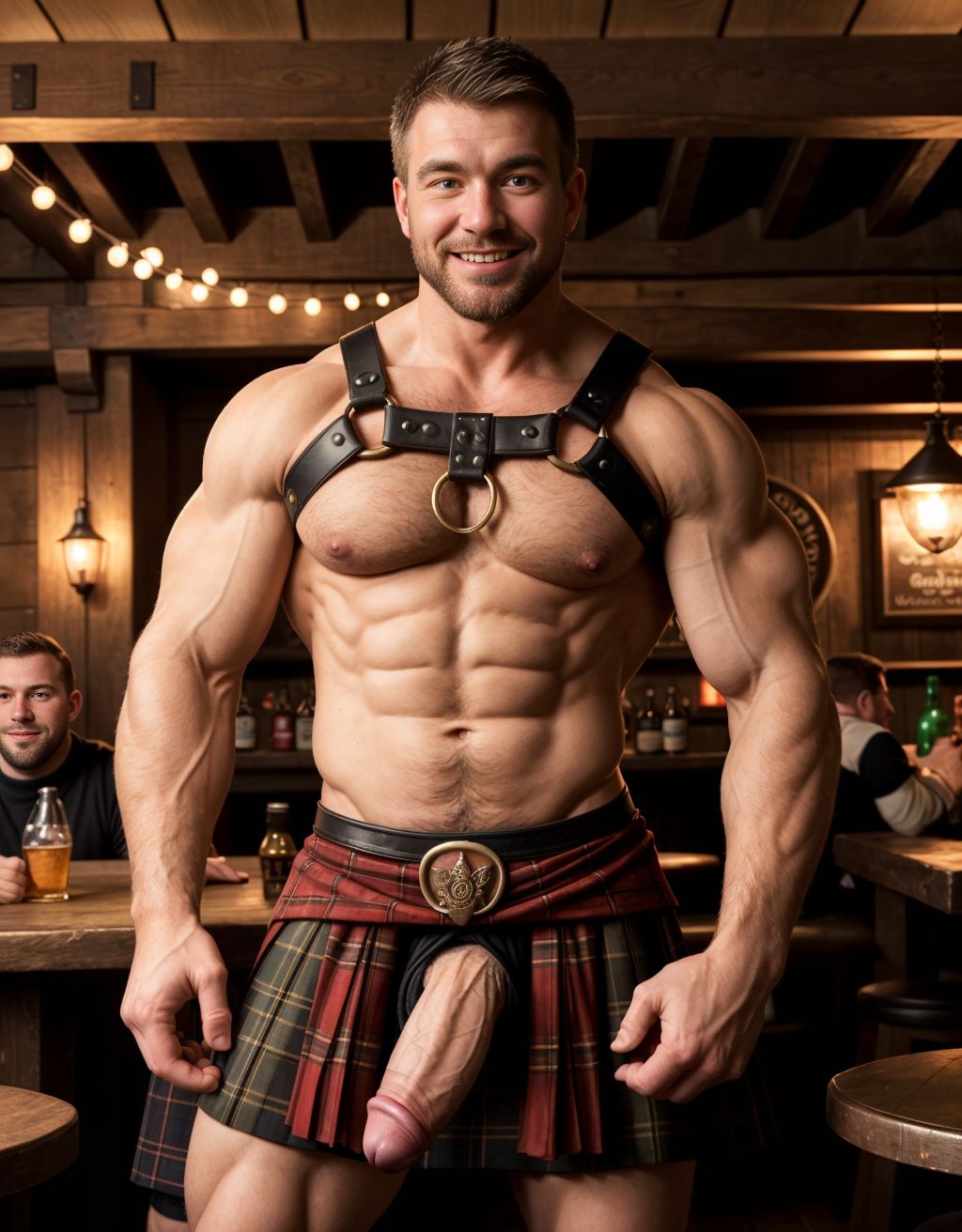 Hombre musculoso con arnés ajustado y kilt plaid rojo, pene parcialmente visible, mostrando torso desnudo, en una taberna escocesa tradicional, con decoraciones celtas, iluminación cálida y atmósfera acogedora, whisky y cerveza en las mesas, clientes sonrientes al fondo, pose sensual y provocativa.