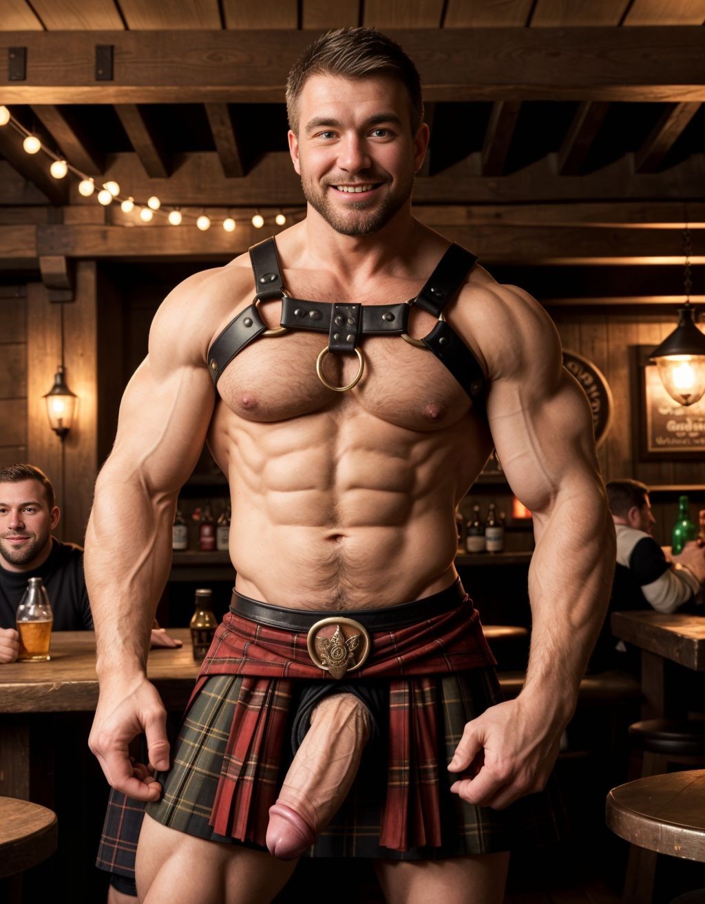 Hombre musculoso con arnés ajustado y kilt plaid rojo, pene parcialmente visible, mostrando torso desnudo, en una taberna escocesa tradicional, con decoraciones celtas, iluminación cálida y atmósfera acogedora, whisky y cerveza en las mesas, clientes sonrientes al fondo, pose sensual y provocativa.