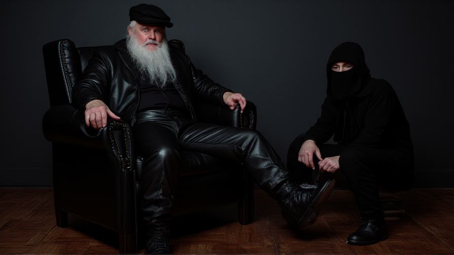 Un hombre mayor con barba larga y blanca está sentado con gesto serio en un sillón negro de cuero, vestido completamente de negro con boina, chaqueta de cuero, pantalones brillantes y botas, transmitiendo una presencia autoritaria y dominante. A su lado, una persona encapuchada con pasamontañas negro permanece agachada junto al reposapiés, también vestida de negro, con las manos apoyadas cerca de las rodillas y la mirada parcialmente visible. La escena tiene una iluminación tenue y dramática sobre un fondo oscuro, con suelo de madera, creando una atmósfera sobria, clandestina y cinematográfica, marcada por el contraste entre el cuero negro, la postura imponente del hombre sentado y la figura enmascarada a sus pies.