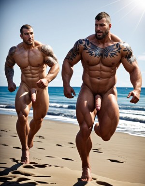 Tres soldados de caballería, desnudos musculosos y muy tatuados, de 30 años de edad, disfrutan de su día de descanso haciendo deporte en una playa del Pacífico, están corriendo en la orilla del mar, están desnudos y mostrando su grandes penes y hermosos testículos. Tienen mucho vello por todo el cuerpo. Hay mucha luz solar alumbrando todo el ambiente. Sus genitales se mueven hacia los lados chocando con sus muslos de las piernas