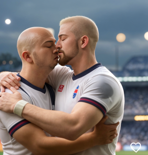 Dos jugadores del Tottenham, uno rubio y guapo y otro rapado un poco feucho y vajito, se dan un beso después de marcar un gol, al fondo se ve el estadio lleno de gente. 