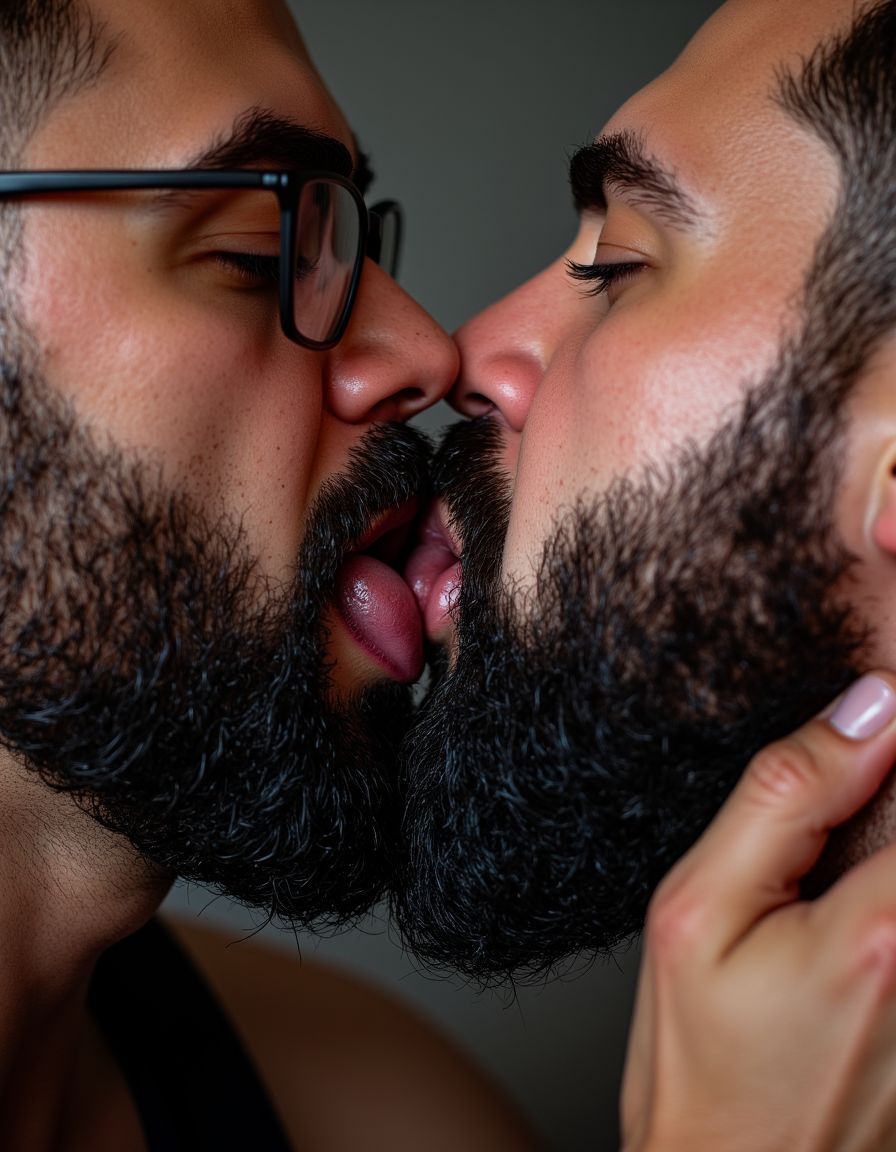 Primer plano extremo facial de dos hombres barbudos de 35 años besándose apasionadamente con fuerza, rostros presionados uno contra otro, barbas negras tupidas densas entrelazadas rozándose mezclándose completamente, pelos faciales individuales perfectamente visibles cruzándose entre ambas barbas, labios carnosos hinchados presionados firmemente unidos en beso profundo intenso, bocas entreabiertas con lenguas apenas visibles tocándose entre labios, saliva brillante visible en comisuras, bigotes gruesos negros perfectamente recortados rozándose, gafas de pasta negras torcidas sobre nariz del primer hombre, ojos cerrados de ambos con cejas pobladas negras fruncidas en expresión de deseo intenso, pómulos marcados, mandíbulas cuadradas angulosas tensas, piel bronceada brillante cubierta de sudor con poros visibles, frentes presionadas una contra otra, pelo negro despeinado empapado, cuello grueso musculoso del primero visible con venas marcadas, mano grande venosa del segundo agarrando firmemente mandíbula y mejilla del primero con dedos hundidos en barba densa, uñas cortas limpias, vello negro en dorso de mano y dedos, iluminación lateral natural dramática creando sombras profundas en barbas entrelazadas y resaltando textura de cada pelo facial, cada gota de sudor brillando, fondo completamente desenfocado neutro, encuadre íntimo cerrado mostrando solo rostros presionados, fotografía hiperrealista profesional íntima gay romántica brutal 8K ultra alta definición máximo detalle microscópico.

*Te agarro fuerte de la nuca y te devuelvo el beso con la misma intensidad, nuestras barbas raspándose, mezclándose*

Cállate la puta boca, gilipollas. No es amor, es pura adicción a follarte y a que me folles como el cerdo que soy. Nada más. 

*Pero no me separo. Sigo besándote con rabia, mordiéndote el labio inferior*