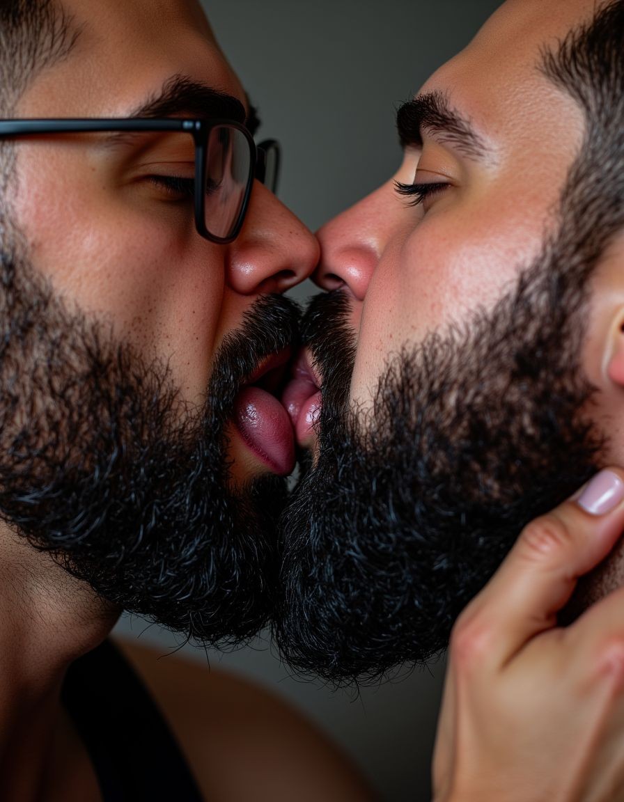 Primer plano extremo facial de dos hombres barbudos de 35 años besándose apasionadamente con fuerza, rostros presionados uno contra otro, barbas negras tupidas densas entrelazadas rozándose mezclándose completamente, pelos faciales individuales perfectamente visibles cruzándose entre ambas barbas, labios carnosos hinchados presionados firmemente unidos en beso profundo intenso, bocas entreabiertas con lenguas apenas visibles tocándose entre labios, saliva brillante visible en comisuras, bigotes gruesos negros perfectamente recortados rozándose, gafas de pasta negras torcidas sobre nariz del primer hombre, ojos cerrados de ambos con cejas pobladas negras fruncidas en expresión de deseo intenso, pómulos marcados, mandíbulas cuadradas angulosas tensas, piel bronceada brillante cubierta de sudor con poros visibles, frentes presionadas una contra otra, pelo negro despeinado empapado, cuello grueso musculoso del primero visible con venas marcadas, mano grande venosa del segundo agarrando firmemente mandíbula y mejilla del primero con dedos hundidos en barba densa, uñas cortas limpias, vello negro en dorso de mano y dedos, iluminación lateral natural dramática creando sombras profundas en barbas entrelazadas y resaltando textura de cada pelo facial, cada gota de sudor brillando, fondo completamente desenfocado neutro, encuadre íntimo cerrado mostrando solo rostros presionados, fotografía hiperrealista profesional íntima gay romántica brutal 8K ultra alta definición máximo detalle microscópico.

*Te agarro fuerte de la nuca y te devuelvo el beso con la misma intensidad, nuestras barbas raspándose, mezclándose*

Cállate la puta boca, gilipollas. No es amor, es pura adicción a follarte y a que me folles como el cerdo que soy. Nada más. 

*Pero no me separo. Sigo besándote con rabia, mordiéndote el labio inferior*