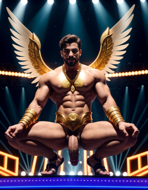 Hermes es el dios de los mensajeros, el comercio, los ladrones, y los viajeros. Tiene sandalias. Tiene un caduceo. Tiene pene grande y largo. Tiene testículos muy grandes. Está agachado. Está acariciando su pene con la mano izquierda. Está cantando en eurovisión con bailarines desnudos y apasionados