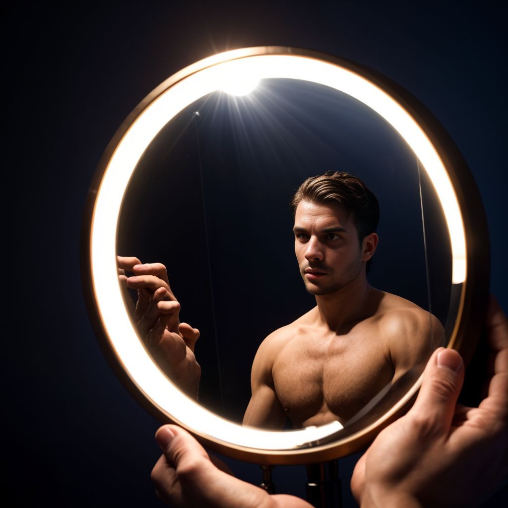 Hombre desnudo de 25-30 años, pelo oscuro, ojos marrones intensos, equilibrado sobre una esfera gigante de azulejos de espejo, con expresión de intensidad controlada y miedo, manos extendidas, dedos separados, contra un fondo índigo oscuro con iluminación dramática.