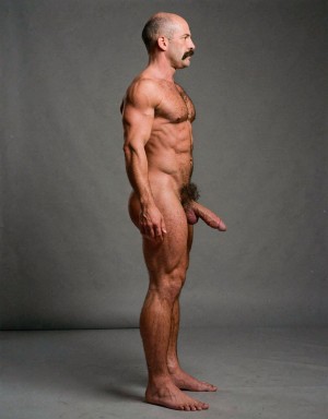 Mike Morris, a 32-year-old extremely lean Caucasian male with only 8% body fat, stands completely naked in a rigid military attention pose captured in a full-body exact side profile at 90 degrees from his right side. The shot runs uninterrupted from the tips of his size 44 slightly hairy feet all the way up to the top of his bald head, showing his entire body without any cropping whatsoever. His physique is dry, highly vascular and powerfully defined: massive square pectorals seen in perfect side silhouette, dense dark brown chest hair forming a thick T-pattern that continues across his shoulders and back, sharply carved six-pack abs in clear profile, narrow waist, wide flaring lats, powerful thighs and diamond-shaped calves covered in the same dark hair. Dramatic directional studio lighting falls from high and slightly in front of him, creating strong rim lighting that traces every sharp edge of his muscular outline, accentuating the texture of his dense dark body hair on chest, shoulders, lower back, ass and legs, while producing deep shadows that highlight every muscle separation, vein and the extreme dryness of his 8% body fat. His advanced Norwood III-IV bald scalp is clearly visible under the light, with very short dense dark brown hair only on the sides and back of his head. His square, angular face is shown in pure right profile: strong jawline, prominent chin with slight central dimple, thick well-groomed dark handlebar mustache, heavy brow and intense deep-set brown eye staring straight forward with a serious, commanding expression. His penis is fully and clearly visible in perfect side view, completely natural and anatomically correct: thick, 24 cm long when fully erect, with a natural slight upward curve, prominent dorsal veins running along the shaft, long foreskin that partially covers the pink-red glans, and noticeably lighter skin tone than the rest of his bronzed body. Below it hang his large, low-hanging testicles with wrinkled darker skin and an extremely dense, curly dark brown pubic bush that climbs almost to his navel and surrounds the base of his cock and balls generously. Every detail from his veined hands and forearms to his muscular ass, hamstrings, diamond calves and hairy toes is perfectly proportioned and free of any deformation. Photorealistic, high-contrast, masculine 1970s Colt Studio aesthetic with subtle grainy film texture.