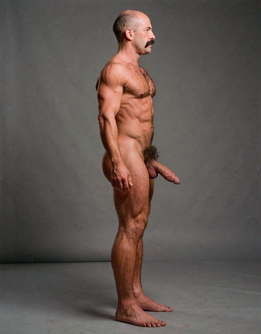Mike Morris, a 32-year-old extremely lean Caucasian male with only 8% body fat, stands completely naked in a rigid military attention pose captured in a full-body exact side profile at 90 degrees from his right side. The shot runs uninterrupted from the tips of his size 44 slightly hairy feet all the way up to the top of his bald head, showing his entire body without any cropping whatsoever. His physique is dry, highly vascular and powerfully defined: massive square pectorals seen in perfect side silhouette, dense dark brown chest hair forming a thick T-pattern that continues across his shoulders and back, sharply carved six-pack abs in clear profile, narrow waist, wide flaring lats, powerful thighs and diamond-shaped calves covered in the same dark hair. Dramatic directional studio lighting falls from high and slightly in front of him, creating strong rim lighting that traces every sharp edge of his muscular outline, accentuating the texture of his dense dark body hair on chest, shoulders, lower back, ass and legs, while producing deep shadows that highlight every muscle separation, vein and the extreme dryness of his 8% body fat. His advanced Norwood III-IV bald scalp is clearly visible under the light, with very short dense dark brown hair only on the sides and back of his head. His square, angular face is shown in pure right profile: strong jawline, prominent chin with slight central dimple, thick well-groomed dark handlebar mustache, heavy brow and intense deep-set brown eye staring straight forward with a serious, commanding expression. His penis is fully and clearly visible in perfect side view, completely natural and anatomically correct: thick, 24 cm long when fully erect, with a natural slight upward curve, prominent dorsal veins running along the shaft, long foreskin that partially covers the pink-red glans, and noticeably lighter skin tone than the rest of his bronzed body. Below it hang his large, low-hanging testicles with wrinkled darker skin and an extremely dense, curly dark brown pubic bush that climbs almost to his navel and surrounds the base of his cock and balls generously. Every detail from his veined hands and forearms to his muscular ass, hamstrings, diamond calves and hairy toes is perfectly proportioned and free of any deformation. Photorealistic, high-contrast, masculine 1970s Colt Studio aesthetic with subtle grainy film texture.