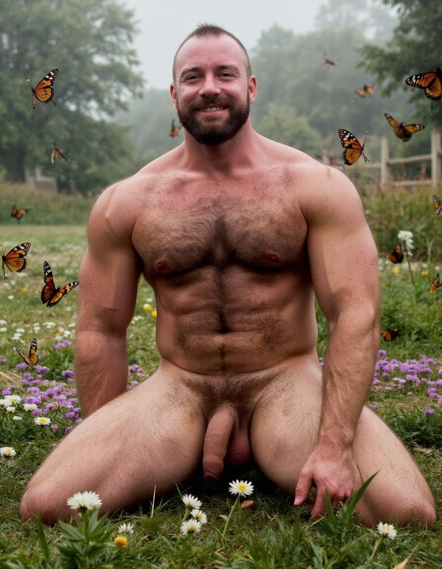 hombre culturista de 35 años posando desnudo de cuerpo completo, sonriente, tensa los bíceps, tiene un pene de 40 cm de longitud y 7 cm de diámetro, grandes dorsales, piernas, cintura estrecha, un poco calvo, grandes pezones rosas. Tiene un pene de 40 cm de longitud y 7 cm de diámetro. Tiene mucho vello en pecho y brazos y piernas. Tiene testículos de 10 kg de peso que están colgando. Tiene pies con sus uñas rojas. Fondo de muchas margaritas de todos los colores y miles de mariposas volando. Está de rodillas en el suelo con las piernas abiertas. Por su pene erecto. 