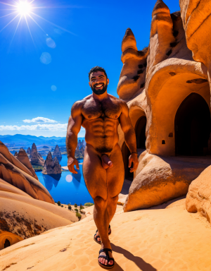 Turco desnudo. Tiene pene grande y largo. Tiene sandalias. Tiene 30 años de edad. Tiene vello y es atlético. Está paseando por Capadocia acompañado de amigos desnudos y bellos.