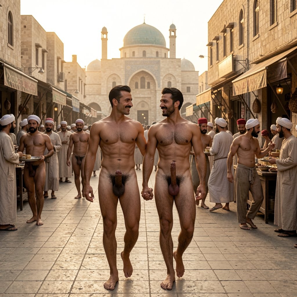 A hyper-realistic, photorealistic full-body photograph taken in the heart of Midan Mar Girgis (Plaza de San Jorge) in Cairo, late 1930s, during the warm golden light of late afternoon. The large historic square opens beside the ancient Coptic district, with the Church of St. George and old stone buildings visible in the background under a golden sky.

Masri and Errol Flynn stand prominently in the center of the square. Masri, slightly ahead, keeps his right hand possessively on Errol’s lower back while pointing with his left hand toward the historic surroundings, smiling with masculine pride. His black hair is perfectly combed with brilliantine and his thick mustache is impeccably trimmed. Errol Flynn walks beside him with arrogant confidence and clear enjoyment, looking around the square with a superior smile. His jet-black hair is slicked back with a sharp wave, and his ultra-thin horizontal aristocratic black mustache is surgically precise. Both men are completely naked, immaculately clean, dry, perfectly groomed and heavily perfumed with sandalwood and cedar.

The cocks of the two protagonists have been significantly improved:  
- Masri’s cock is now a thick, heavy 19 cm piece of dark olive-brown meat, beautifully veined, with a large flared glans and heavy low-hanging balls covered by a dense black pubic bush. It hangs with realistic weight and natural movement.  
- Errol Flynn’s cock is a corrected 22 cm masterpiece: thick, straight with a subtle elegant leftward curve, prominent dorsal vein, smooth foreskin pulled back to perfectly reveal a fat, glossy pink-purple glans, and a dense, curly black pubic triangle at the base. Both penises are fully visible, highly detailed and anatomically perfect with no obstruction.

All around them, filling the square and the surrounding shops, cafés, bars and street stalls, dozens of male workers, shopkeepers, bartenders and vendors move energetically from place to place. Every single one is completely naked, extremely muscular and very velludo, with thick dark body hair covering their powerful chests, abdomens, arms, legs and dense pubic areas. They wear nothing except head coverings: many have elegant white or colored turbans, others wear only a simple white Taqiyah (طاقية), and several wear the distinctive small embroidered caps or red tarboosh typical of Al-Azhar. Their thick, veiny cocks and heavy balls swing visibly as they work — carrying trays, serving customers, sweeping entrances, shouting prices or moving between establishments — while many turn their heads to stare in shock and lust at the two dominant naked men in the center of the square.

The warm golden sunlight dramatically illuminates every muscle, every strand of thick body hair, the improved and highly detailed cocks of all the men, the natural swing of the genitals, the perfect grooming of Masri and Errol, and the historic beauty of Midan Mar Girgis.

Extreme sharpness, cinematic golden-hour lighting, photorealistic skin texture, rich color grading and flawless anatomical detail on every visible penis. Clean generation with zero technical errors.
