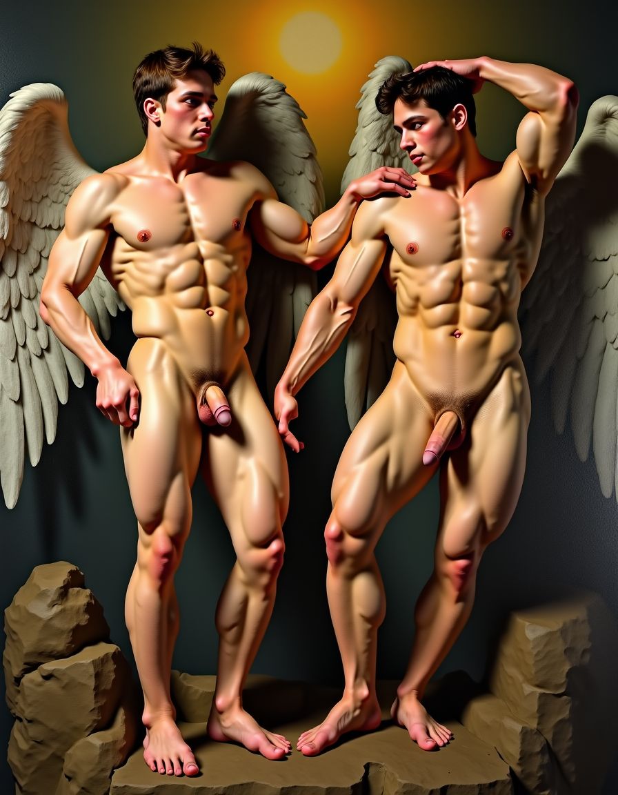 Pintura renacentista. calidad fotográfica. Siglo XVI. Hombres desnudos muy fornidos y musculosos volando con alas, uno es un ángel y el otro un diablo, tienen los penes erectos visibles, el diablo fuerza al Ángel a la lujuria,   la composición tiene los colores y el aspecto de un óleo renacentista, se ven los penes visibles y erectos