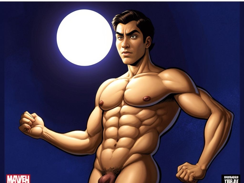 Hombre desnudo de 25-30 años, pelo oscuro, ojos marrones intensos, equilibrado sobre una esfera gigante de azulejos de espejo, con expresión de intensidad controlada y miedo, manos extendidas, dedos separados, contra un fondo índigo oscuro con iluminación dramática. Estilo pop art