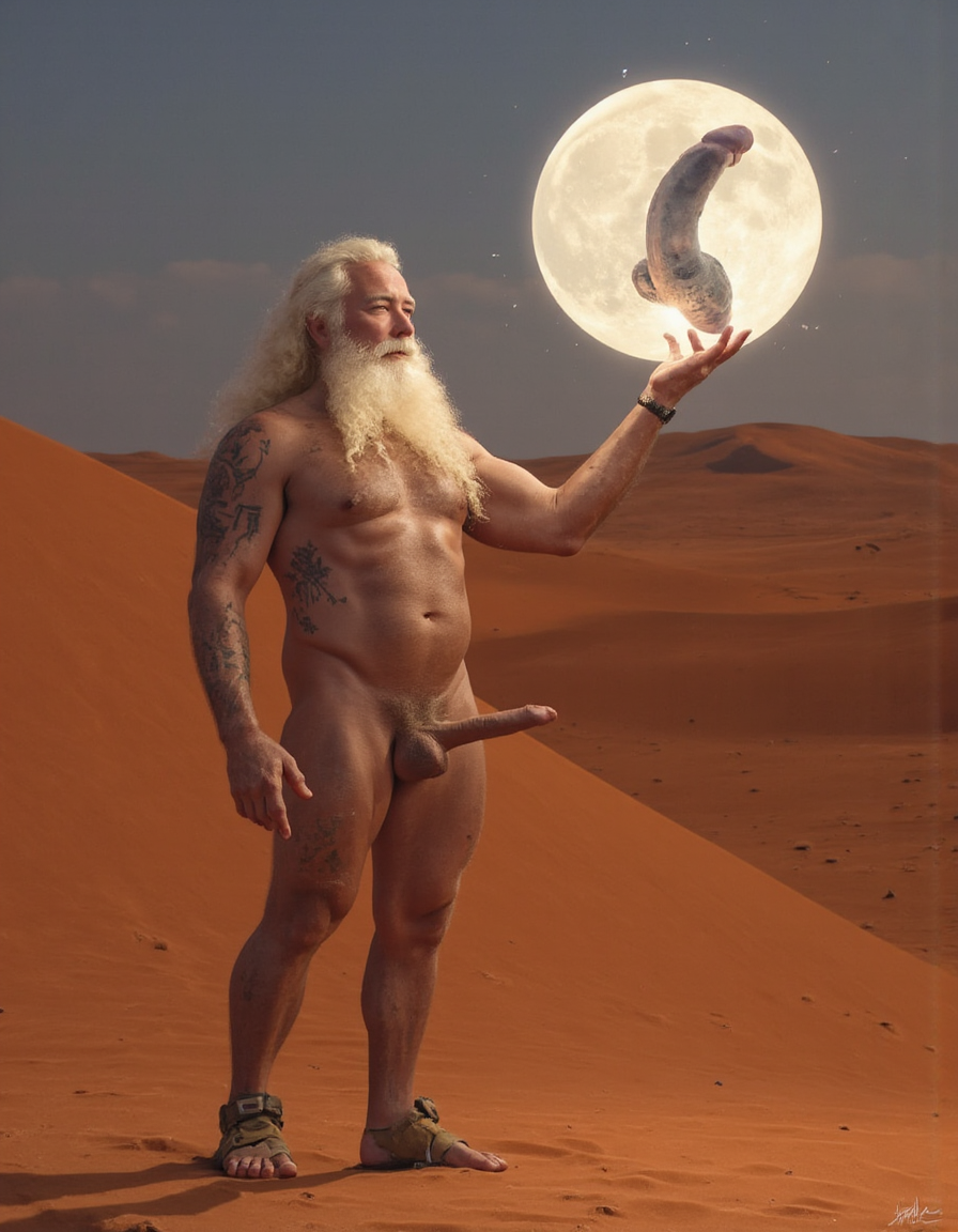 Enrique es un hombre muy delgado de 50 años, tiene cabello largo con canas blancas, tiene barba blanca abundante y larga. Está totalmente desnudo, en su mano derecha lleva una bola de 10 cm de diámetro de cristal, es mágica y está iluminada reflejando un pene erecto con dos testículos peludos, eleva la bola hacia el cielo ofreciéndola a la Luna. Enrique tiene un cuerpo muy delgado con músculos marcados y definidos. 💪🏼. Tiene un pene erecto de 36,8 cm de longitud y 7,9 cm de diámetro. Tiene mucho vello corporal blanco en su pecho, tiene mucho vello en sus brazos y tiene mucho vello en sus piernas. Está en la arena del desierto entre grandes dunas de arena color terracota. Tiene la piel morena bronceada por el Sol. Tiene sandalias en sus pies. Está mirando a la Luna mientras levanta la palma de la mano derecha señalando la Luna 🌓 . Tiene la boca entreabierta. Tiene la mano derecha sobre su pene y está masturbándose 