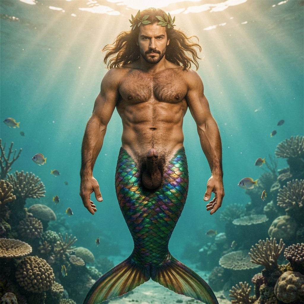 A mythological-looking merman floats underwater in a coral reef, with a muscular torso, hairy chest, dark beard, and long flowing wavy hair crowned with green leaves like a laurel wreath. Sunlight pierces the sea surface in golden beams, illuminating his bronzed skin and an iridescent fish tail with green, blue, and violet scales that ends in a wide fin. In the groin area, pubic hair and a dark penis can be seen before the transition to the tail. Small fish swim around among the corals, creating a fantastic, epic, and sensual underwater scene.