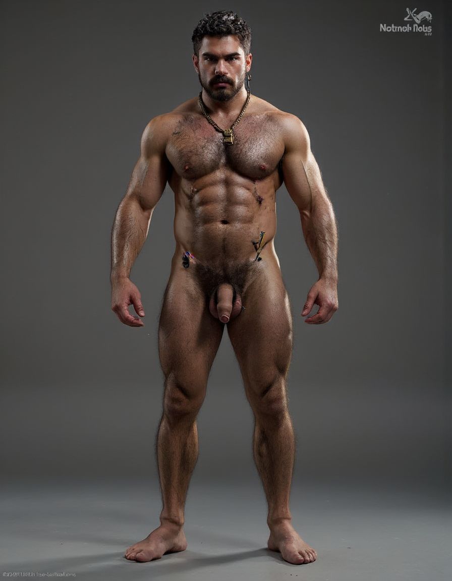 PEDRO de cuerpo entero 8K de hombre mediterráneo muy masculino y muy delgado pero con músculos marcados y definidos y está de pie, textura de piel natural híper realista, cara geométrica brutal con mandíbula cuadrada pesada, pómulos altos anchos, barbilla prominente con hoyuelo, ojos oscuros marrones profundos hundidos con cejas gruesas densas, nariz grande puente ancho recto forma griega, bigote morsa negro denso espeso cayendo en extremos cubriendo labio superior completamente, pelo negro rizado voluminoso desordenado, cuello grueso de toro con nuez prominente, pecho ancho cubierto vello negro rizado denso, pectorales voluminosos definidos con surco central profundo, cadena dorada colgando en surco pectoral, pezones oscuros marrón rojizo areolas anchas, abdominales six-pack marcados, vello corporal abundante formando trail oscuro vertical desde pecho hasta entrepierna, brazos musculosos gruesos con venas marcadas deltoides prominentes bíceps grandes tríceps herradura cubiertos vello negro, manos grandes dedos gruesos nudillos prominentes pelo dorso manos, piernas musculosas cuádriceps voluminosos muslos gruesos cubiertos vello negro denso rodillas huesudas pantorrillas gemelos forma diamante, pies grandes anchos pelo empeine, polla erecta treinta centímetros gruesa ocho centímetros diámetro color marrón oscuro curvada arriba venas dorsales marcadas prepucio largo glande ancho rojizo apuntando hacia arriba, huevos grandes colgando bajos escroto oscuro arrugado tamaño huevos gallina XL, piel aceitunada bronceada mediterránea, iluminación natural realista, fotorrealista, híper detallado, desnudo completo. Los pies están desnudos. Polla erecta dura hacia arriba. Las pantorrillas están a la vista y son muy peludas.