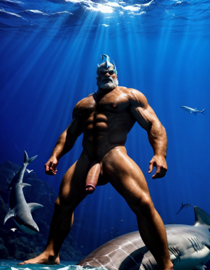 Neptuno es dios de los mares, las tempestades y los vientos. Es un dios iracundo y malhumorado, incluso violento. Está desnudo. Tiene un pene grande y largo. Tiene mucho vello. Está luchando contra un tiburón en las profundidades del océano.