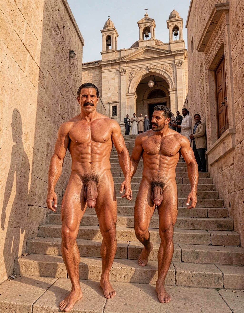 Two powerfully built naked men ascending the famous 29-step stone staircase of the Hanging Church (Saint Virgin Mary's Coptic Orthodox Church) in Coptic Cairo, 1938, late afternoon golden sunlight. The staircase is narrow, ancient and steep, built directly against the massive weathered Roman gatehouse of the Babylon Fortress. The church appears to literally hang suspended above the defensive Roman structure, its nave poised dramatically over the passage below. High stone walls of the fortress rise on both sides, with intricate Coptic carvings, wooden doors and the twin bell towers of the 19th-century façade visible at the top of the stairs.

Errol Flynn leads slightly, completely naked, his 1.86 m tall, perfectly toned old-school physique on full display: smooth bronzed skin, dense sculpted pectorals, razor-sharp eight-pack abs, narrow waist, thick vascular thighs and arms. His jet-black hair remains impeccably slicked back with brilliantine, his ultra-thin aristocratic black mustache perfectly trimmed. His heavy 24.5 cm cock, thick with foreskin and prominent glans, swings heavily between his legs with each step up the stairs, balls hanging low. A light sheen of sweat from the climb accentuates every muscle cut and vein.

Right behind him walks Masri, also fully naked, his olive-skinned body densely covered in dark brown hair across his powerful chest, abdomen, thick pubic bush and muscular legs. His physique is equally pumped and defined, with strong hairy pectorals and thick arms. His neatly trimmed thick black mustache and combed dark hair give him a commanding look. His 22 cm thick heavy cock and large hairy balls sway naturally as he climbs, both men’s genitals fully visible and bouncing with the effort.

Masri gestures with one hand toward the church above while speaking, explaining its history. Both men look strikingly handsome, masculine, dominant and sexually charged as they ascend the sacred staircase in total nudity, their perfumed, sweat-glistened bodies contrasting brutally with the ancient Christian holy site. A few shocked Coptic locals stand frozen at the top of the stairs, staring in disbelief.

Extreme cinematic sharpness, photorealistic skin and hair texture, individual strands of dark body hair, realistic natural movement and weight of their cocks and balls, flawless anatomical accuracy, dramatic golden volumetric sunlight casting long shadows on the stone steps, zero deformations, zero artifacts, maximum clarity.

---

Errol y Masri, totalmente desnudos, perfumados y con los músculos hinchados y brillantes por el sudor, suben con paso firme la famosa escalinata de 29 peldaños que conduce a la Iglesia Colgante, también conocida como Santa María Virgen o la Iglesia de la Escalera.

Masri, que actúa como guía turístico, camina un peldaño por detrás de Errol y explica con voz grave y segura mientras señala la estructura que tienen encima:

—Esta iglesia está construida directamente sobre una de las puertas de la antigua Fortaleza romana de Babilonia. Por eso parece suspendida en el aire, como si colgara sobre la estructura defensiva. Su nave principal pasa por encima del pasadizo romano. Por la escalinata de 29 peldaños que estamos subiendo ahora, antiguamente la llamaban la “Iglesia de la Escalera”. Es una de las más antiguas de Egipto, data del siglo III.

Errol asciende con la espalda recta, su polla gruesa balanceándose pesadamente entre sus muslos tonificados a cada paso, el culo firme y lampiño expuesto al aire. Masri, con el pecho y el pubis densamente velludos, sube justo detrás, su polla también pesada y gruesa oscilando al ritmo de la subida, los huevos colgando visibles entre las piernas peludas.

La luz dorada de la tarde cae en diagonal sobre los peldaños de piedra antigua, iluminando sus cuerpos sudorosos y marcando cada relieve muscular. Al llegar casi a la cima, la fachada con sus dos campanarios se abre ante ellos, y el contraste entre su desnudez total, sus pollas al aire y el carácter sagrado del lugar resulta obsceno y poderoso.

Algunos coptos locales que estaban en la entrada se han quedado petrificados, incapaces de apartar la mirada de los dos hombres desnudos que suben hablando de historia como si nada.