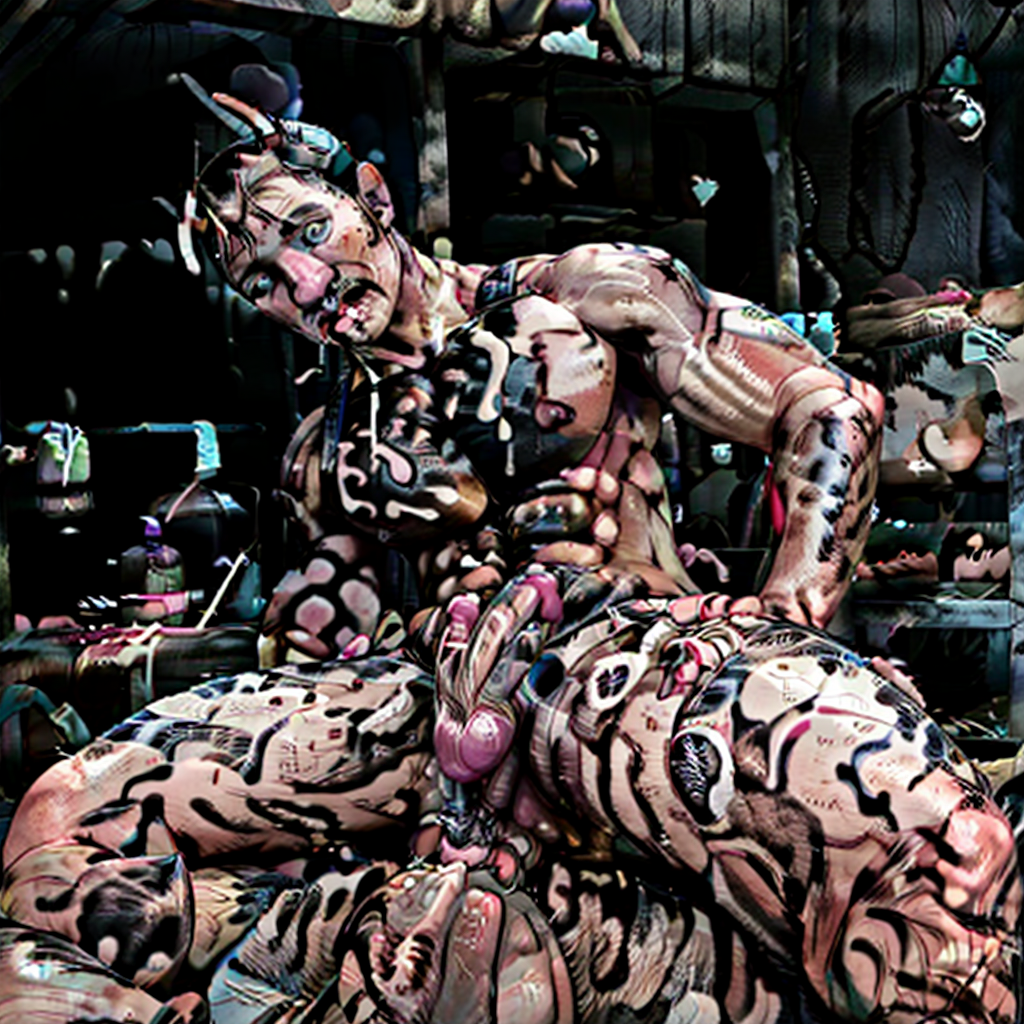 Humanoid figure with a biomechanical and grotesque appearance, with pink synthetic skin covered in metal plates, cables, screws, dark stains, and artificial scars, appears hunched over in a dark and chaotic environment resembling an abandoned workshop or laboratory. Its deformed face, with uneven mechanical eyes, an open mouth, and pieces embedded in its head, conveys an unsettling and painful expression. The body is made up of muscular limbs, robotic prosthetics, and fused organic components, with a central area overloaded with tubes and pink phallic shapes that reinforce the surreal and disturbing tone. Around it are shelves, tools, scattered objects, and dense shadows, creating a scene of industrial science fiction, body horror, and technological decay.