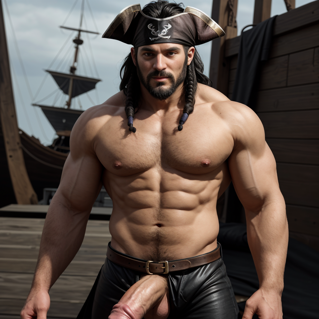 Corsario con melena negra, barba, musculoso y pene grande
