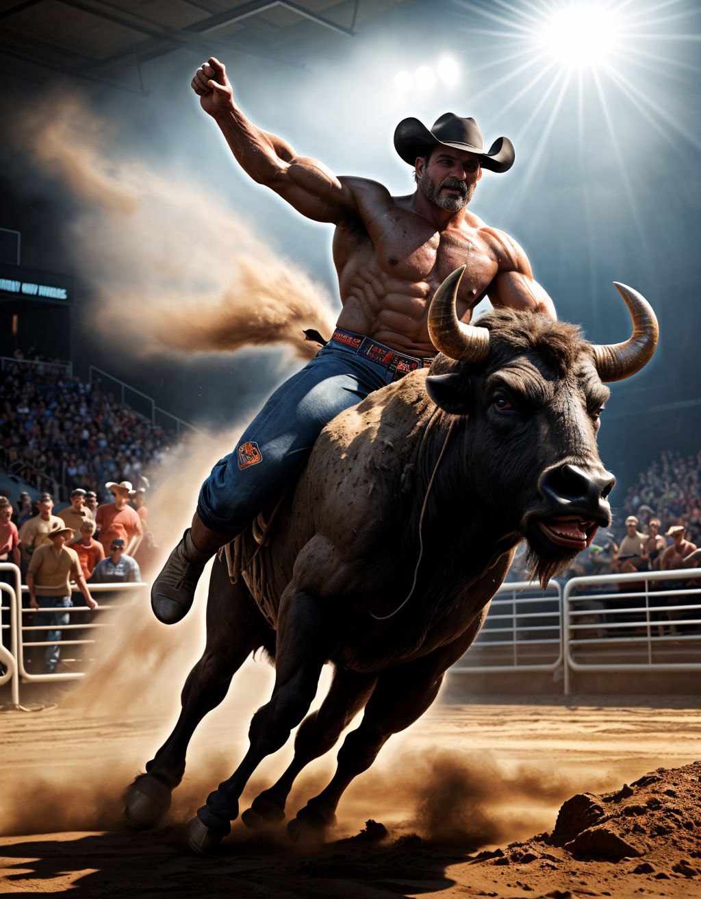 Hombre (((desnudo))) musculoso, montando un búfalo en un rodeo, cuerpo sudoroso, genitales visibles, rodeado de polvo y multitud, luces intensas, movimiento dinámico, texturas realistas, ambiente emocionado y salvaje.
