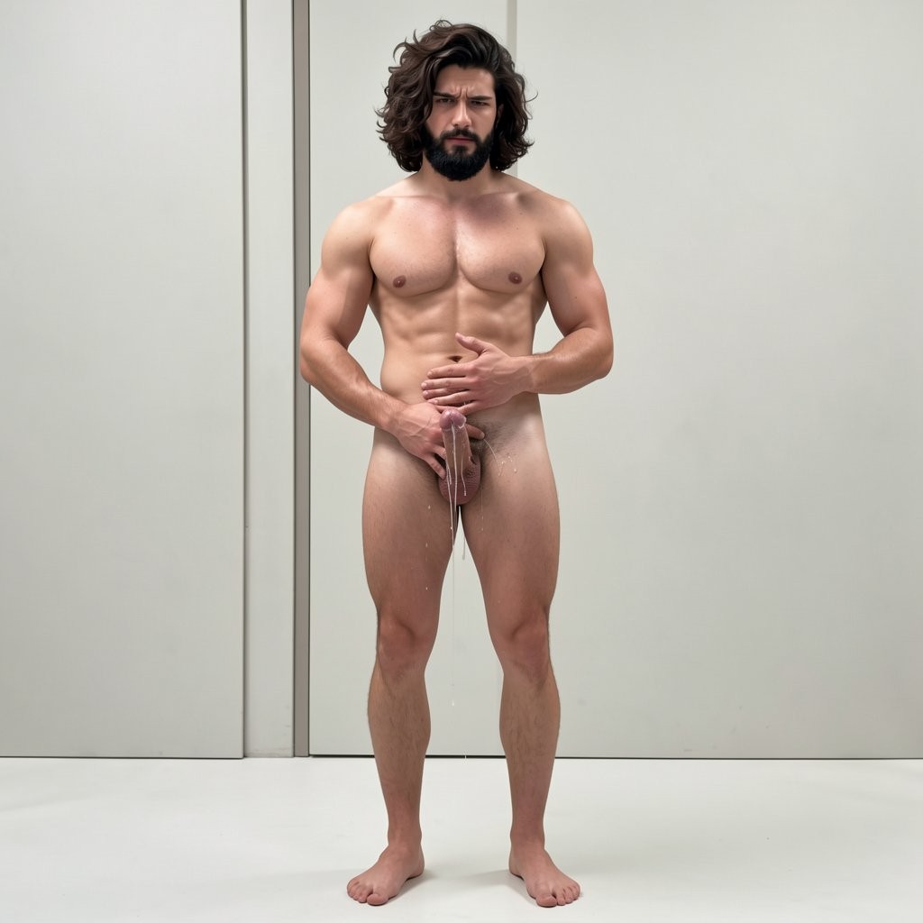 Full-length nude man posing standing in a minimalist studio, with a light gray background and smooth floor, facing forward with a serious expression. He has a muscular, athletic build, defined chest, strong arms, marked abdomen and robust legs, as well as a thick beard and long wavy hair. His hands are placed over his genital area, partially holding his penis while he remains with his bare feet naturally apart. The soft, even lighting highlights the anatomy, skin and sculptural tone of the body in a frontal, sober and centered composition.