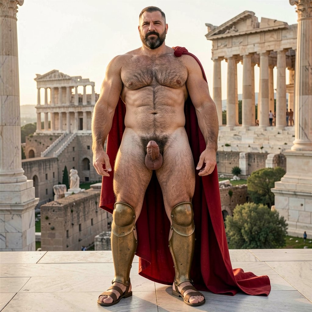 A full-body, highly detailed and realistic historical portrait of a completely naked Pericles at 35 years old standing confidently in 460 BC Athens, Classical Greece. Full length view from feet to head, frontal three-quarter angle. He has an elongated distinctive 