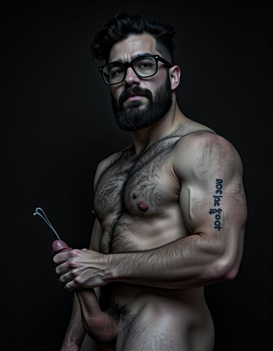 Fotografía hiperrealista en blanco y negro de un hombre adulto musculoso a la vista desde los pies hasta la cabeza, tiene cuerpo muy delgado con músculos marcados y definidos, rostro masculino, está totalmente desnudo con polla erecta de treinta centímetros de longitud y ocho centímetros de diámetro, tiene rasgos marcados duros expresivos, barba densa poblada tupida oscura estilo hipster cubriendo completamente mandíbula mentón mejillas con grosor uniforme textura abundante muy definida, bigote denso tupido oscuro conectado perfectamente con la barba completa cubriendo completamente el labio superior, pelo oscuro medio peinado completamente recto hacia arriba con volumen considerable estilo hipster moderno quiff puntas verticales texturizadas hacia el cielo con altura prominente, cejas gruesas oscuras pobladas muy marcadas definidas, gafas de montura completa negra cuadradas grandes estilo hipster moderno sobre el puente de la nariz enmarcando unos ojos oscuros intensos que miran directamente a cámara con expresión seria penetrante confiada, expresión facial seria masculina sin sonrisa con mirada directa desafiante, pómulos marcados definidos angulares, nariz recta proporcionada, labios medios apenas visibles completamente cubiertos por bigote denso que conecta con la barba hipster completa, torso desnudo muy musculoso con pectorales enormes desarrollados y definidos, hombros anchos musculosos deltoide prominentes, brazos musculosos marcados y bien definidos con bíceps y tríceps marcados visibles a ambos lados del cuerpo, abdomen tonificado marcado visible con cintura delgada marcada, piel con textura realista detallada poros imperfecciones sutiles, vello corporal denso oscuro abundante cubriendo pectorales abdomen brazos hombros con textura natural masculina muy visible. Tiene un  tatuaje en tinta negra en el bíceps del brazo derecho en tipografía negra sans-serif de tamaño mediano y proporcionado de forma clara y legible sobre la piel del bíceps del brazo derecho con las siguientes letras: hipsterbarba. Iluminación dramática lateral direccional que crea contraste alto marcado entre luces brillantes y sombras profundas resaltando la estructura facial angular la barba hipster densa las gafas cuadradas grandes el vello corporal abundante la musculatura del torso los brazos.  Tiene un  tatuaje en tinta negra en el bíceps del brazo derecho en tipografía negra sans-serif de tamaño mediano y proporcionado de forma clara y legible sobre la piel del bíceps del brazo derecho con las siguientes letras: hipsterbarba. Fondo completamente oscuro negro liso uniforme desenfocado sin distracciones, fotografía analógica en color de alto contraste con grano fotográfico sutil visible estilo retrato hipster masculino fitness, enfoque nítido absoluto perfecto en el rostro especialmente en los ojos detrás de las gafas la barba hipster densa el bigote tupido el pelo vertical el vello corporal el torso con músculos muy marcados y muy definidos. Tiene un  tatuaje en tinta negra en el bíceps del brazo derecho en tipografía negra sans-serif de tamaño mediano y proporcionado de forma clara y legible sobre la piel del bíceps del brazo derecho con las siguientes letras: hipsterbarba. Imagen con encuadre vertical desde los pies hasta la cabeza mostrando los pies desnudos las piernas peludas el pene erecto los testículos colgando con su escroto bajo todo el torso peludo los brazos musculosos peludos y la cabeza con pelo oscuro medio peinado completamente recto hacia arriba con volumen considerable estilo hipster moderno quiff puntas verticales texturizadas hacia el cielo con altura prominente, calidad fotográfica hiperrealista 8K máxima definición detalle extremo, renderizado cinematográfico fotorrealista profesional. Tiene un  tatuaje de tinta negra en el bíceps del brazo derecho en tipografía negra sans-serif de tamaño mediano de forma clara y legible sobre la piel del bíceps del brazo derecho con las siguientes letras: hipsterbarba