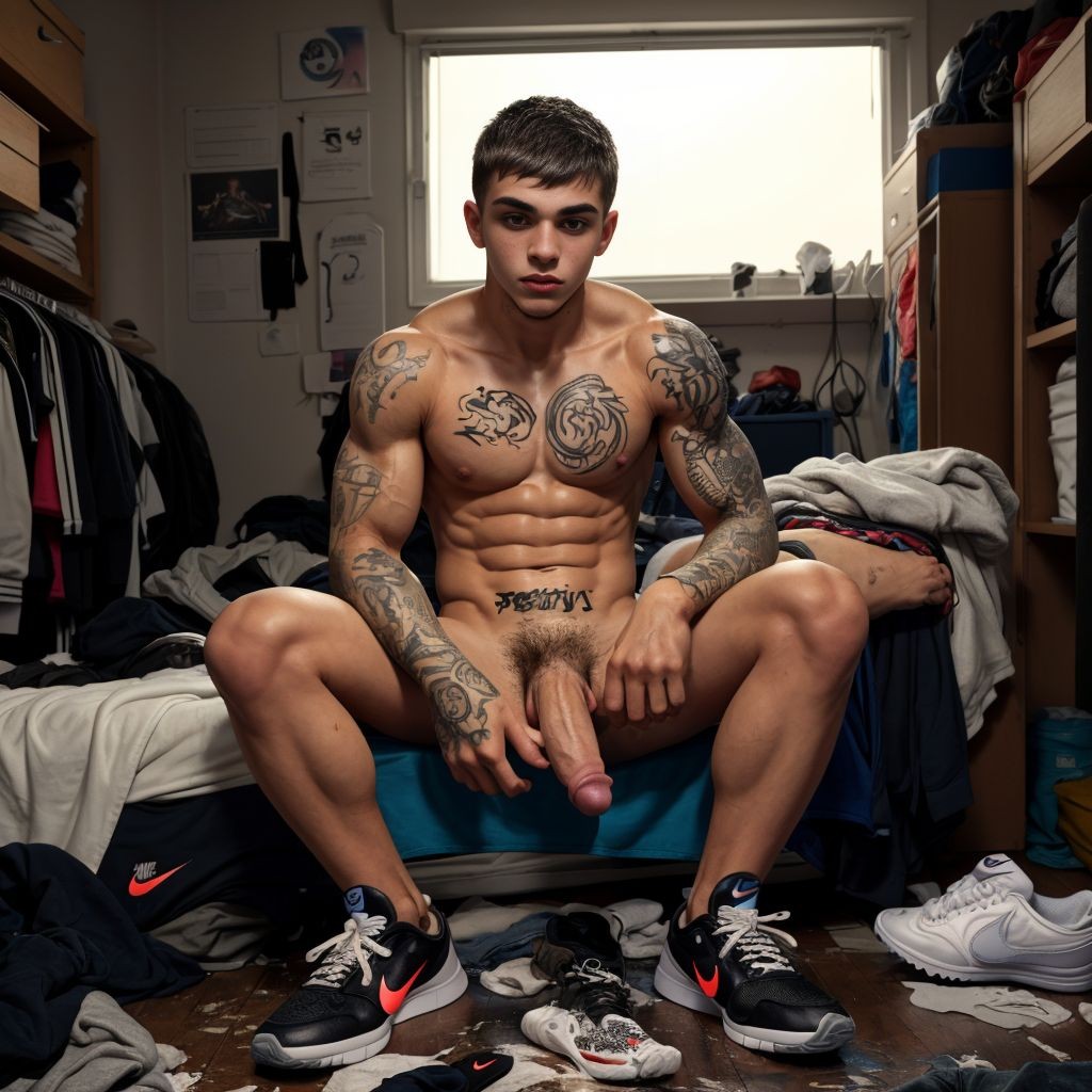 A young, muscular man is sitting with his legs open in a messy room, looking straight ahead with a serious expression. He is wearing black Nike sneakers with red details and no clothing, leaving his defined torso, marked abs, pubic hair, and penis visible. His arms, shoulders, chest, and abdomen are covered with numerous tattoos, including large designs on the chest and partial sleeves on both arms. The bedroom looks cluttered, with clothes thrown on the floor, an unmade bed, open wardrobes, shelves with garments, and a pair of white sneakers to one side; in the background, a window provides soft natural light and reinforces the intimate, urban, everyday atmosphere.