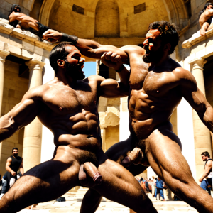 Harmodio y Aristogitón están desnudos. Tienen grandes testículos muy velludos. Luchan en la plaza medieval de Atenas. Luchan pegando puñetazos en el abdomen. Golpean con sus grandes penes. Son musculosos pero están delgados y bronceados. Tienen mucho vello por todo el cuerpo.