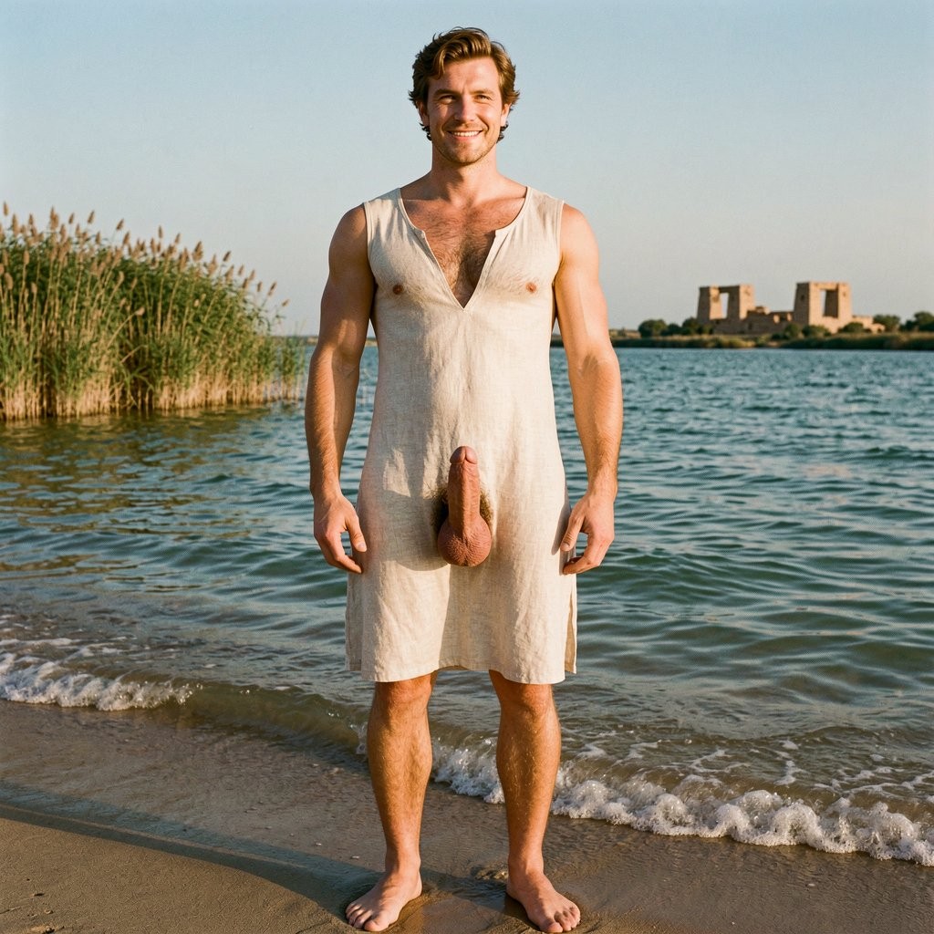 A smiling man poses standing on the shore of a quiet beach, with the seawater gently reaching the sand and small waves breaking beside his bare feet. He wears a light beige sleeveless tunic, open at the chest, showing body hair and part of his torso; in the front area of the garment, the penis clearly protrudes, creating an explicit and striking detail. The setting has warm sunset light, reed beds on the left, blue-green water in the background, and some distant buildings on the coast, giving the scene a summery, natural, coastal atmosphere.