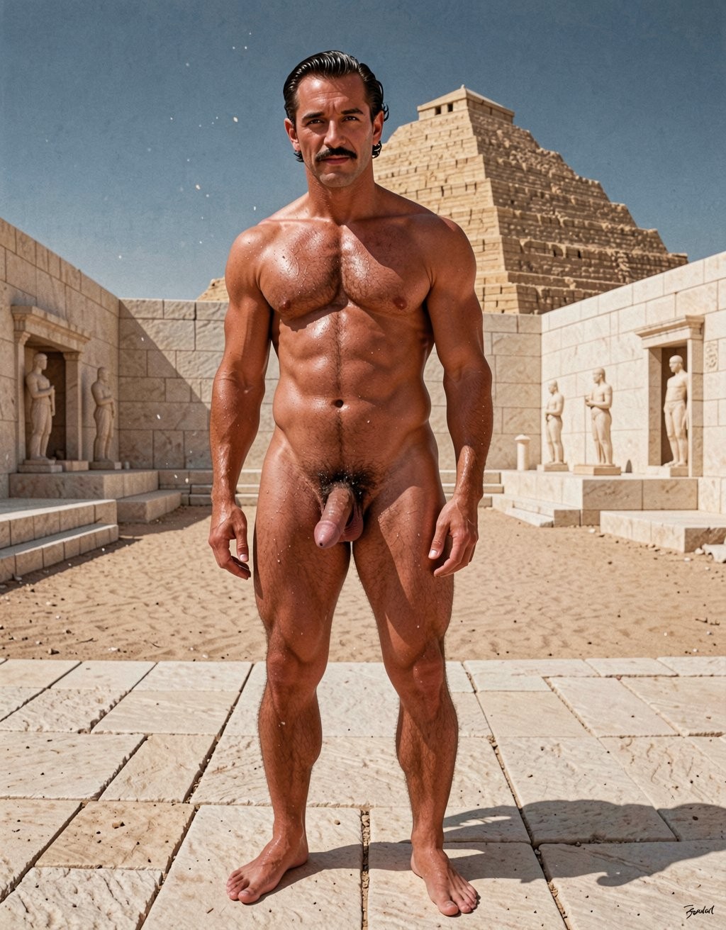 Un hombre desnudo y muy musculado posa de pie frontalmente bajo el sol, con el cuerpo aceitado o sudoroso resaltando pectorales, abdominales marcados, brazos fuertes y piernas definidas; tiene bigote, pelo oscuro peinado hacia atrás y una expresión seria dirigida a la cámara. Su pene y vello púbico quedan completamente visibles, mientras permanece descalzo sobre un suelo de piedra clara. Al fondo aparece una gran pirámide escalonada y un recinto de inspiración egipcia con muros de bloques, escalinatas, columnas y estatuas talladas en nichos, todo envuelto en una atmósfera desértica de arena, arquitectura antigua y cielo azul despejado.