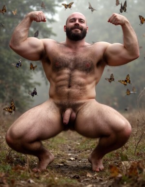 hombre culturista de 35 años posando desnudo de cuerpo completo, sonriente, tensa los bíceps, tiene un pene de 40 cm de longitud y 7 cm de diámetro, grandes dorsales, piernas, cintura estrecha, un poco calvo, grandes pezones rosas. Tiene un pene de 40 cm de longitud y 7 cm de diámetro. Tiene mucho vello en pecho y brazos y piernas. Tiene testículos de 10 kg de peso y están colgando. Tiene pies con sus uñas rojas. Fondo de muchas mariposas de todos los colores volando. Está de rodillas en el suelo con las piernas abiertas. Por su pene erecto 