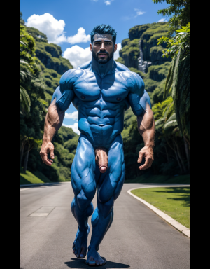 Dos Hombres azul desnudos musculosos azul, tienen pene color azul grande erecto, tiene testículos color azul. Tiene sandalias azules. Tiene mucho vello. Tiene pelo azul largo ondulado azul. Tiene pezones grandes largos y puntiagudos. Está corriendo por un camino en el campo con flores azules. Pezones lanzando líquido blanco por sus pezones. Están de perfil derecho. 